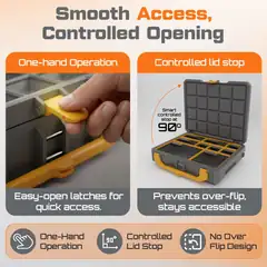 Graphic showing one-hand latch operation and the controlled lid stop on a Graphite Modular storage box.
